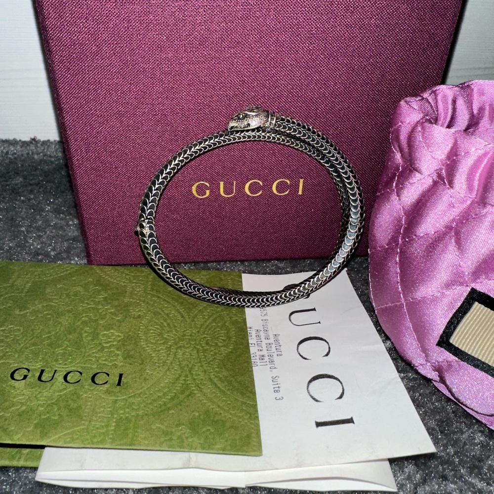 Gucci Garden Snake Aged Sterling Silver Bangle Bracelet - NWB - Size 18 - $875